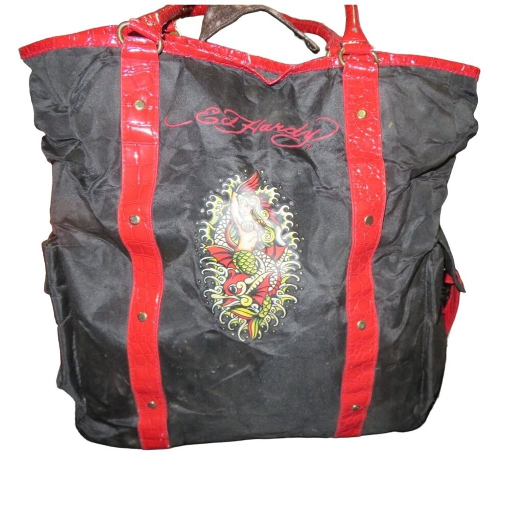 ED HARDY by Christian Audigier Y2K Mermaid Black Canvas & Patent Leather Trim &